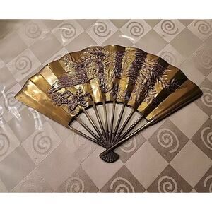 Vintage Leonard Solid Brass Fan Oriental Phoenix Dragon Decor 11.5” Wide
